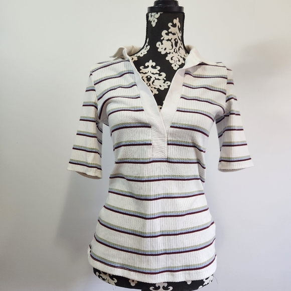 Free People Tops - Free People White,Pistachio green,light blue and maroon striped V-neck Shirt